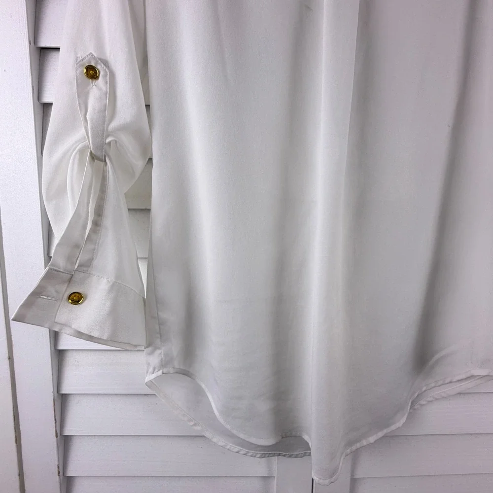 Michael‎ Kors Pleated Zip Front Blouse Womens S White Roll Tab Sleeve